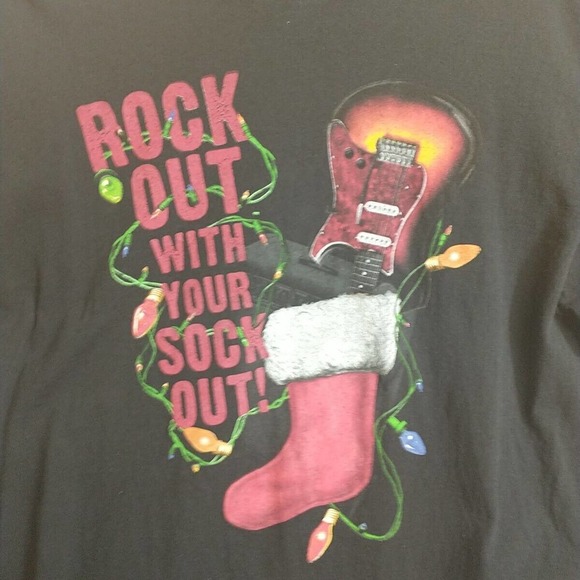Christmas Holiday Rock Out with Your Sock Out Stocking Graphic Print Shirt Faded - Picture 2 of 9